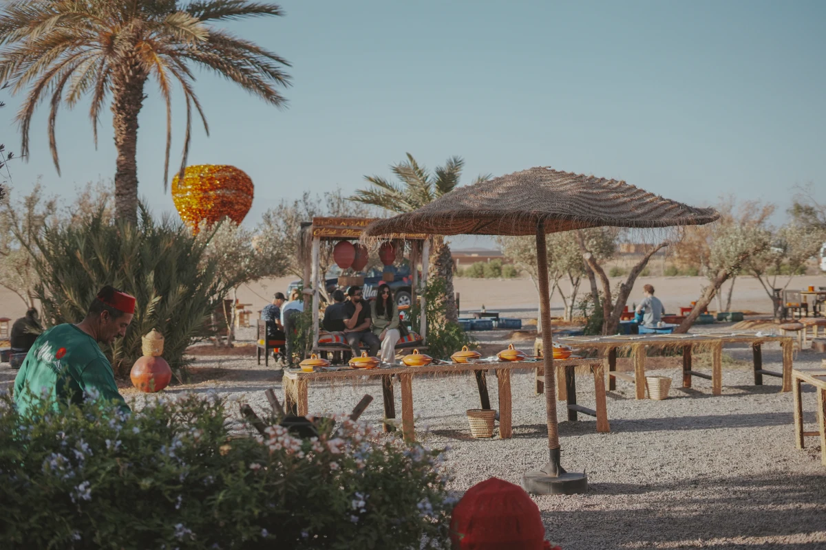 A hot air balloon soaring over the Moroccan desert.
